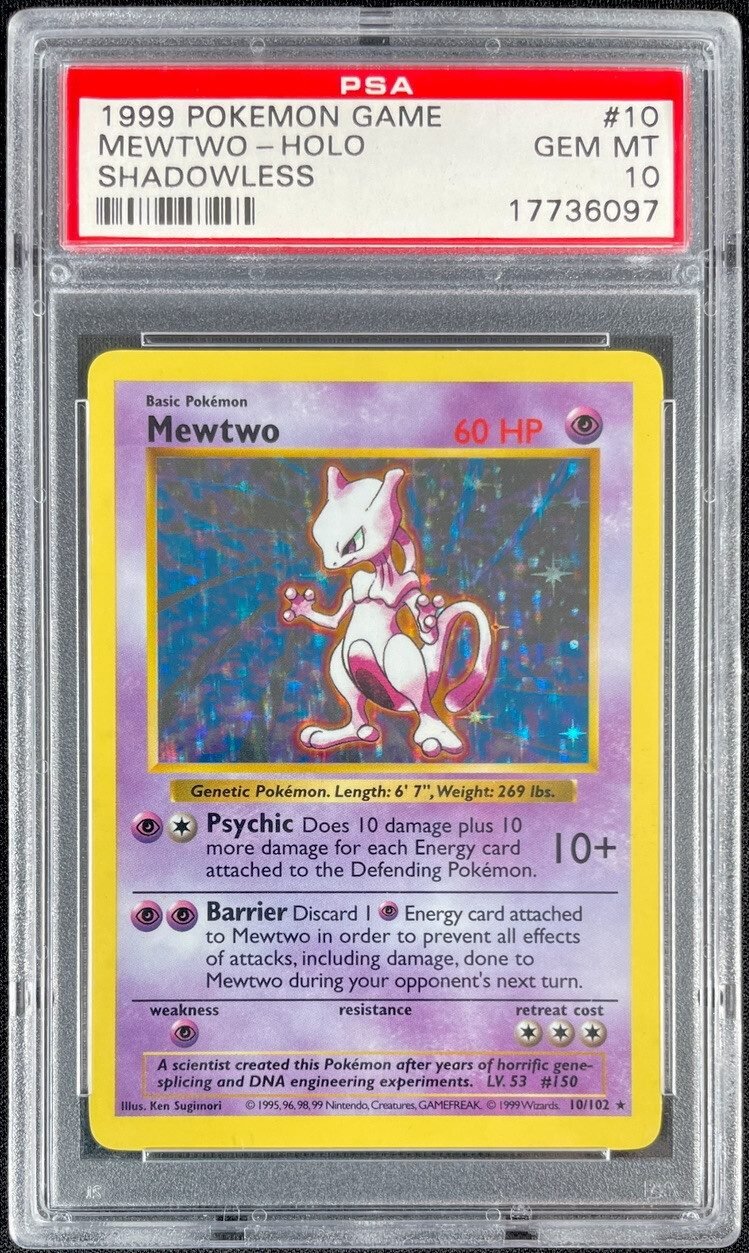 1999 Base Set 1st Ed Shadowless Mewtwo #10 PSA 10